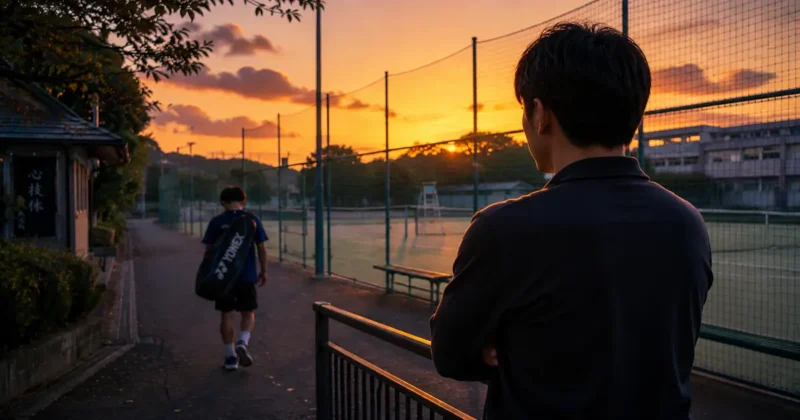 中学のソフトテニス部で伸び悩む我が子を心配そうに見つめる親の夕暮れ時のイラスト